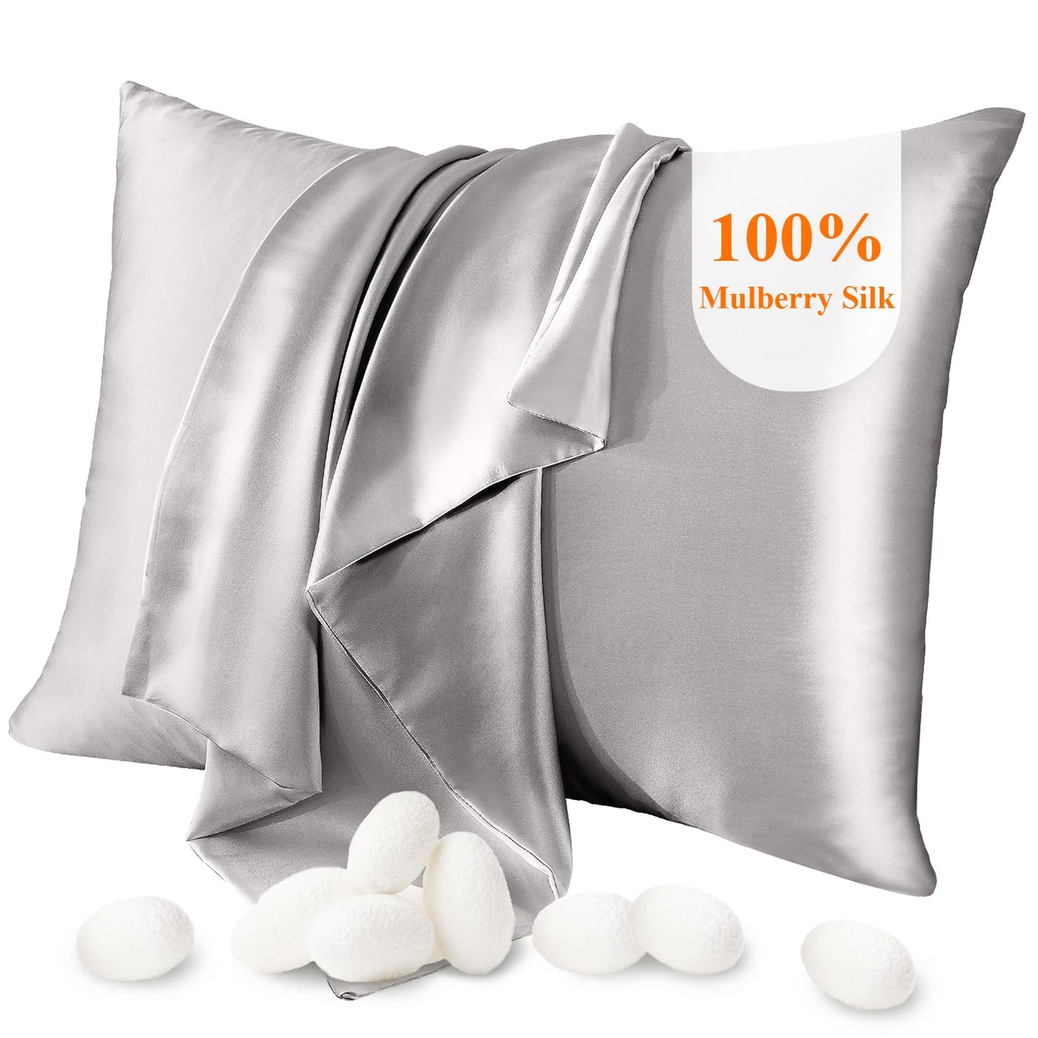 100% Mulberry Silk Pillowcase Grey, Standard：20&quot;x26&quot;