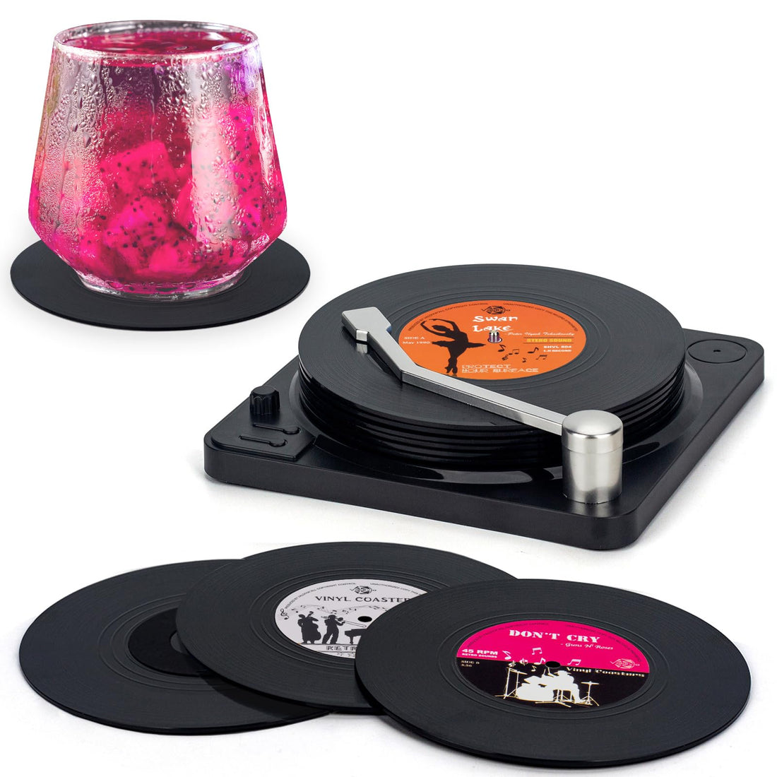 Retro Vinyl Record Coasters with Player, 6 Pcs