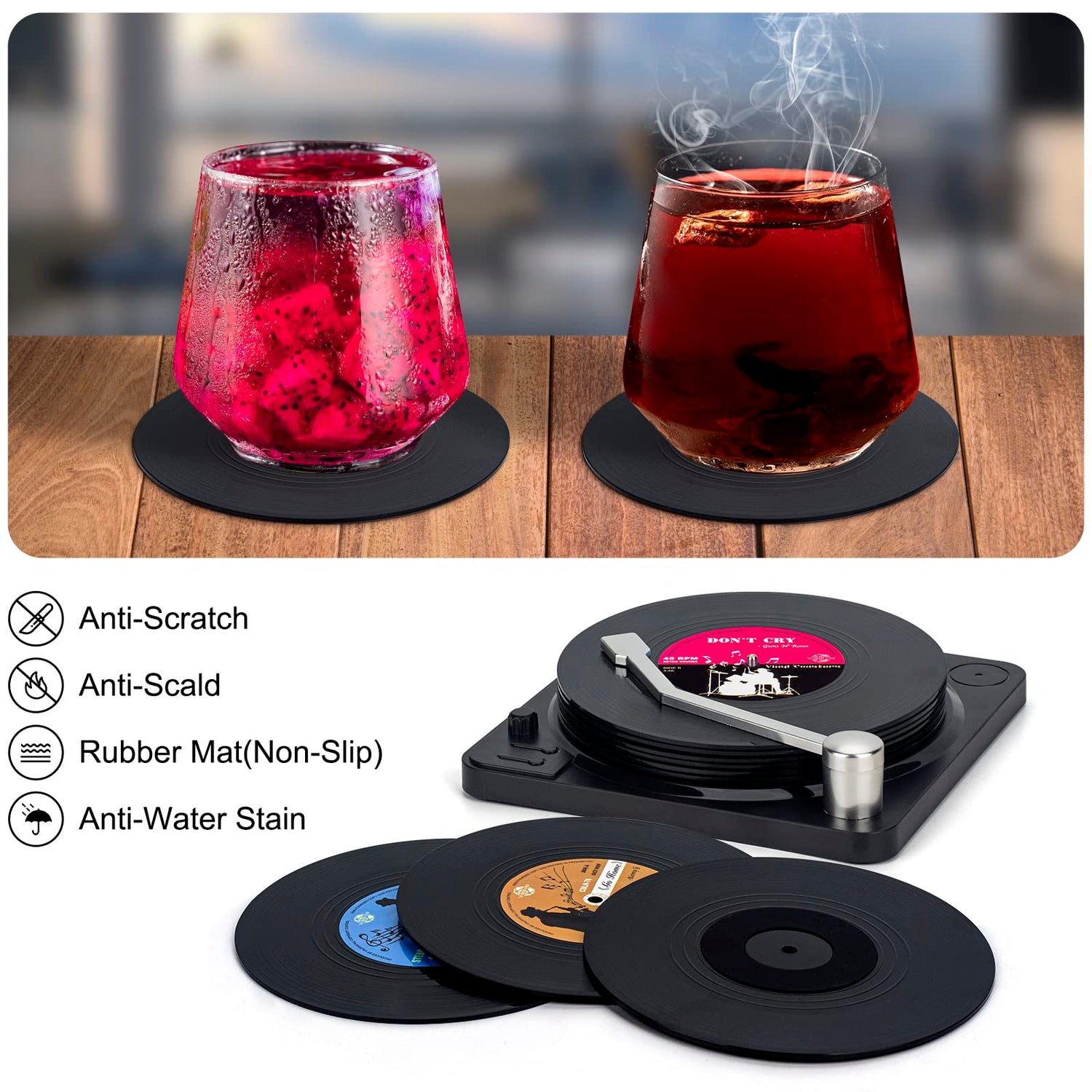 Retro Vinyl Record Coasters with Player, 6 Pcs