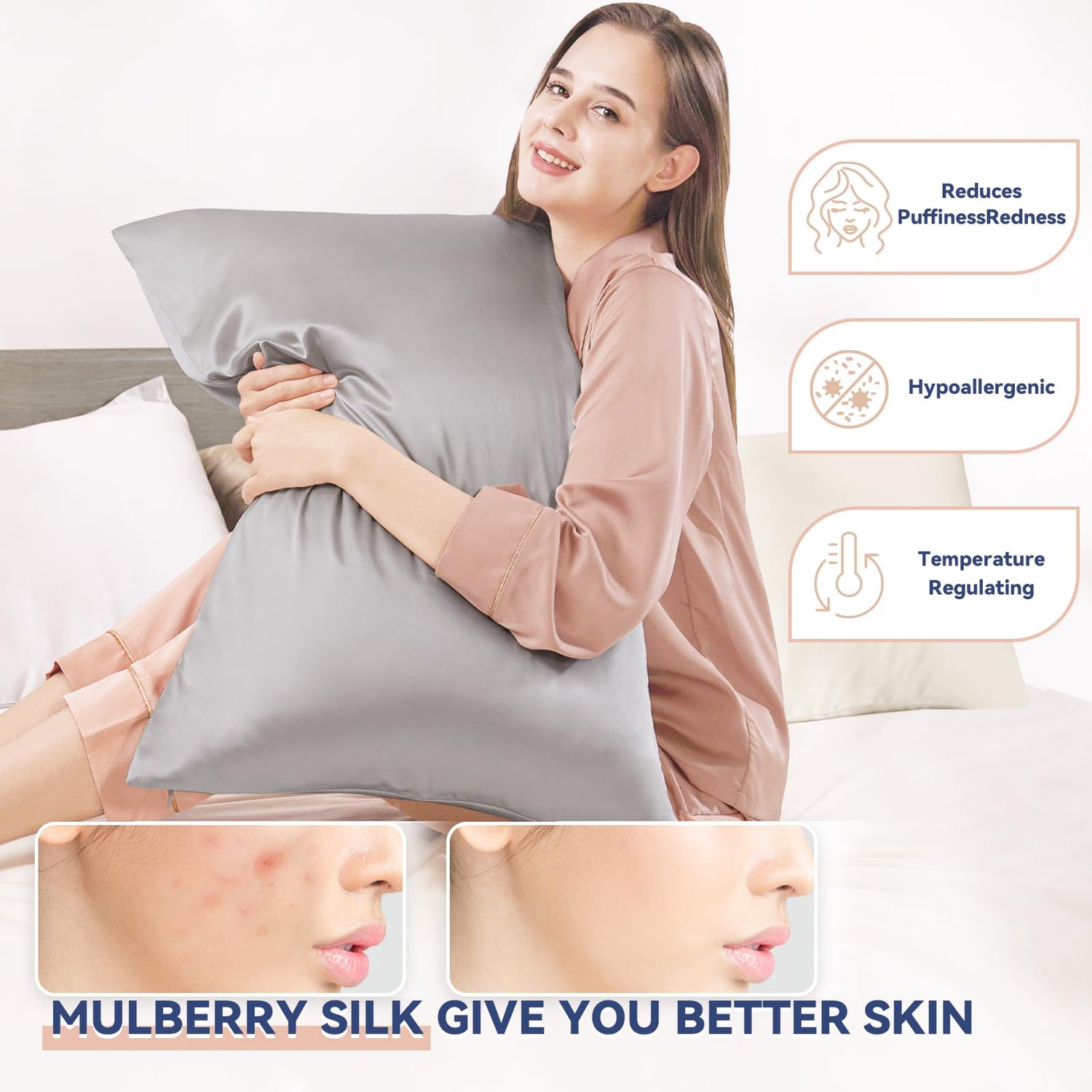 100% Mulberry Silk Pillowcase Grey, Standard：20&quot;x26&quot;