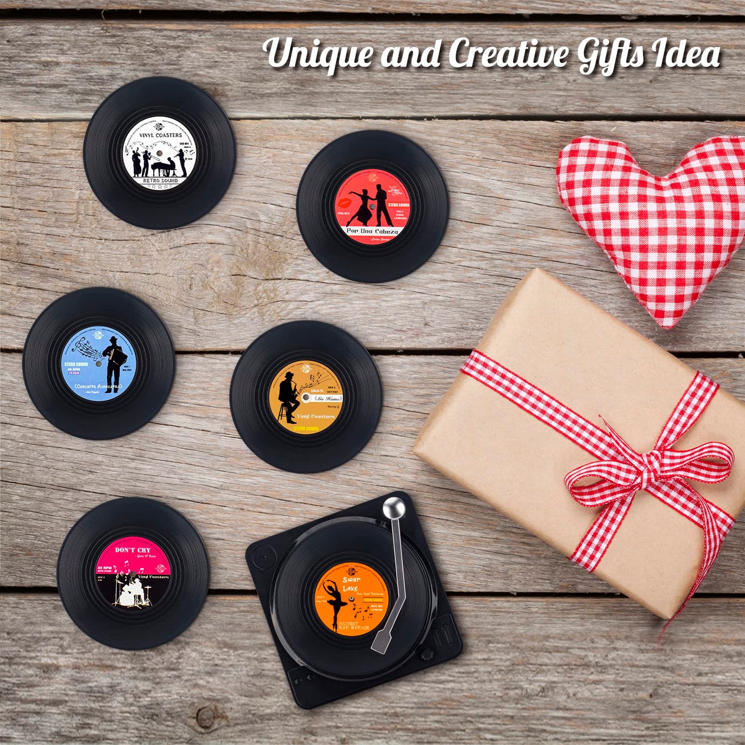 Retro Vinyl Record Coasters with Player, 6 Pcs