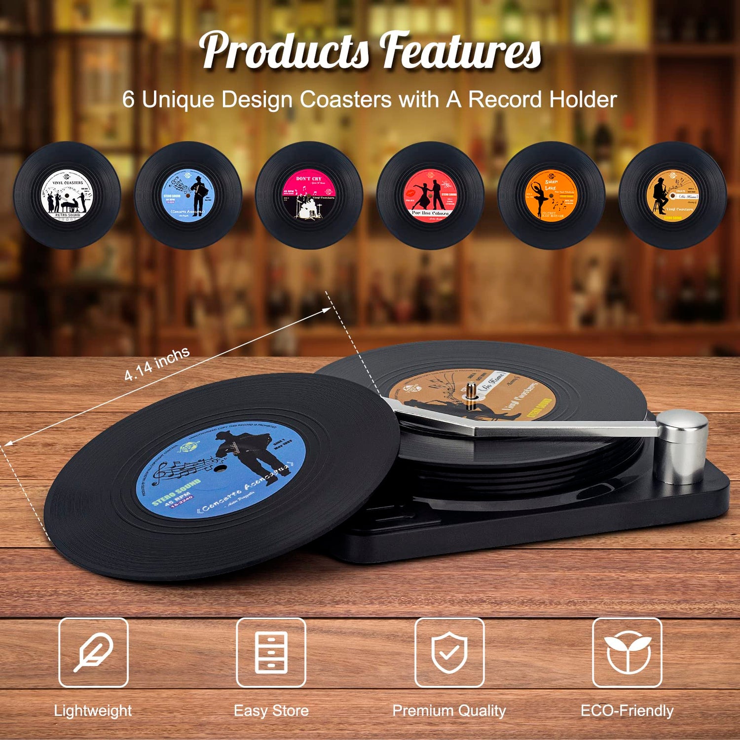 Retro Vinyl Record Coasters with Player, 6 Pcs