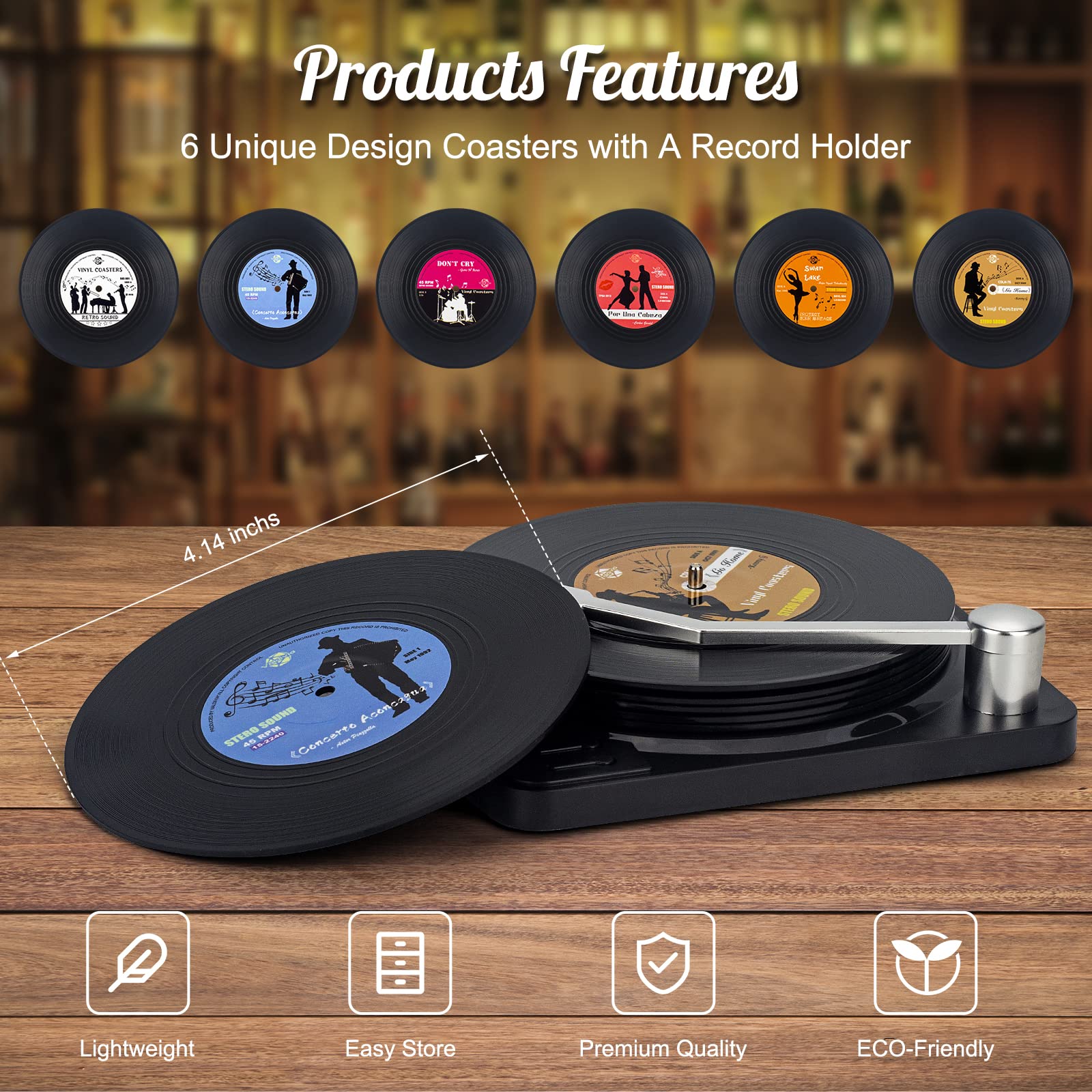 Retro Vinyl Record Coasters with Player, 6 Pcs